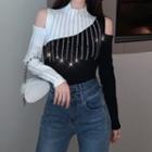 Rhinestone Two-tone Cold-shoulder Knit Top Black - One Size