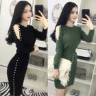 Faux Pearl Cut-out Long-sleeve Knit Sheath Dress