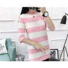 Elbow-sleeve Striped Knit Top Pink - One Size