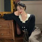 Long-sleeve V-neck Cropped Blouse Top - Black - One Size