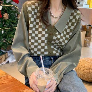 Mock Two-piece Collared Blouse Green - One Size