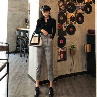 Half Zip Long-sleeve Top / Plaid Harem Pants