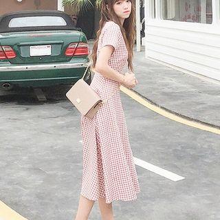 V-neck Gingham Short-sleeve Midi A-line Dress