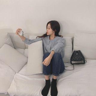 Lace-collar Button-down Blouse Dark Sky Blue - One Size