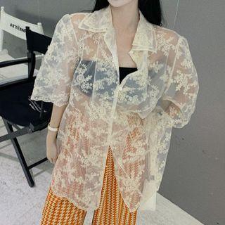 Short-sleeve Lace Shirt / Patterned Wide Leg Pants