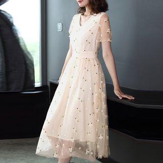 V-neck Embroidered Short-sleeve Midi A-line Dress