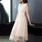 V-neck Embroidered Short-sleeve Midi A-line Dress