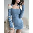 Long-sleeve Cold Shoulder Sheath Dress Blue - One Size
