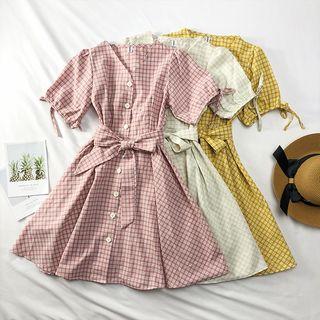 Tie-cuff Checked V-neck Shirtdress With Sash