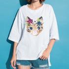 Cat Print Loose-fit Elbow-sleeve T-shirt