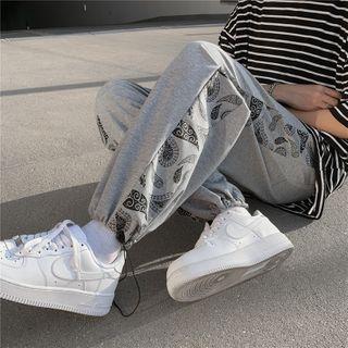 Pattern Print Panel Plain Drawstring Sweatpants