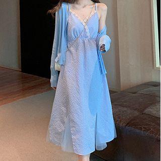 Spaghetti Strap Plaid Midi A-line Dress / Cardigan