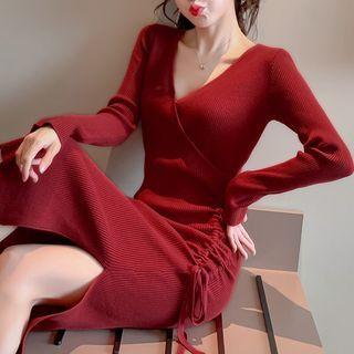 Ruched Side V-neck Knit Midi Dress