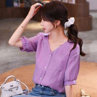 Short-sleeve V-neck Bow-back Blouse