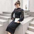 Set: Long-sleeve Lace Top + Midi Fitted Skirt