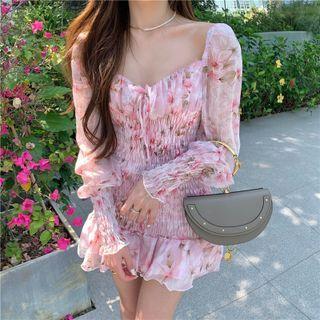 Long-sleeve Floral Mini Sheath Dress Pink - One Size