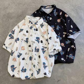 Elbow-sleeve Cartoon Dinosaur Printed Shirt