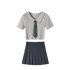Plain Skinny Short Sleeve Crop Top/plain Pleated Skirt