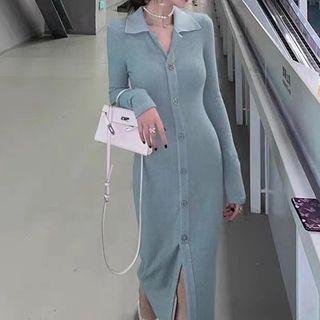 Long-sleeve Plain Lapel Button-up Knit Dress
