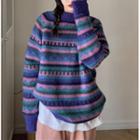 Long-sleeve Striped Knit Sweater Purple - One Size