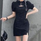 Puff-sleeve Stand Collar Slit-side Cutout Mini Sheath Dress