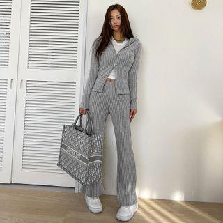 Zip-up Hoodie & Boot-cut Pants Knit Set