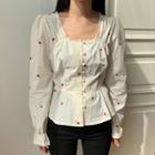 Flower-embroidered Tie-back Peplum Blouse