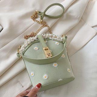 Flower Embroidered Faux Leather Bucket Bag