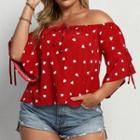 Plus Size Short-sleeve Off-shoulder Heart Print Blouse