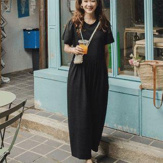 Round-neck Shirred Jumpsuit Black - One Size
