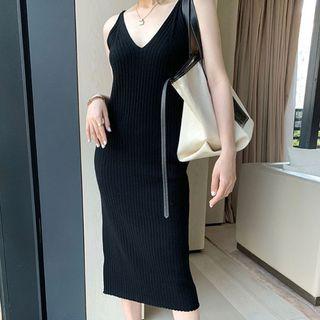Spaghetti-strap V-neck Knit Midi Sheath Dress