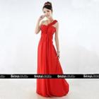 Strapless Shirred Rosette Sheath Evening Gown