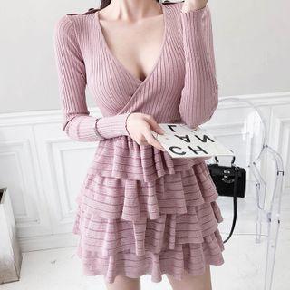 Long-sleeve Mini A-line Tiered Dress Pink - One Size