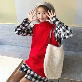 Check Long Shirt/turtleneck Slit-back Vest