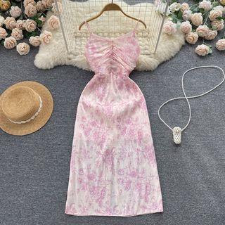 Suspender V-neck Print Pleated Dress