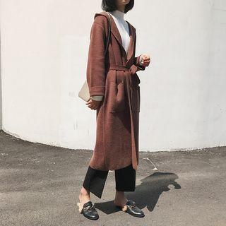 Open-front Tie-waist Hooded Long Knit Jacket