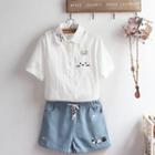 Embroidered Short-sleeve Shirt / Denim Shorts / Set