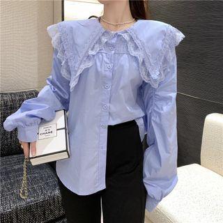 Puff-sleeve Lace Trim Blouse / Bootcut Pants