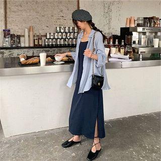 Long-sleeve Plain Shirt / Spaghetti Strap Midi Dress