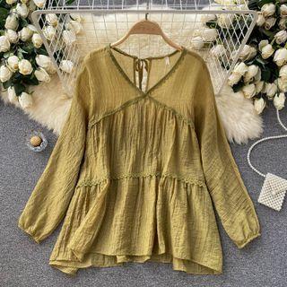 V-neck Cutout Open-back Long-sleeve Top