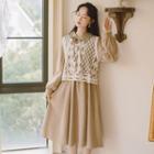 Set: Long-sleeve Midi A-line Dress + Lace Vest