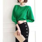 Puff-sleeve Faux-pearl Knit Top