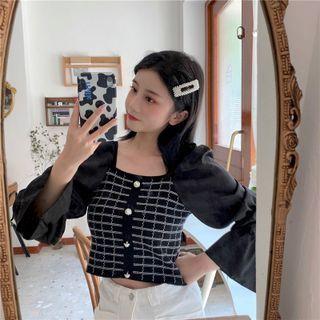 Bell-sleeve Plaid Panel Knit Top