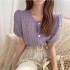 Short-sleeve Textured Buttoned Square-neck Blouse