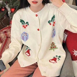 Christmas Print Cardigan White - One Size