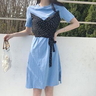 Dotted Chiffon Panel Short-sleeve T-shirt Dress