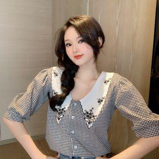 Collared Plaid Elbow-sleeve Blouse