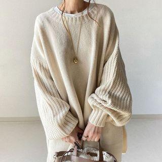 Puff-sleeve Slit Sweater Almond - M