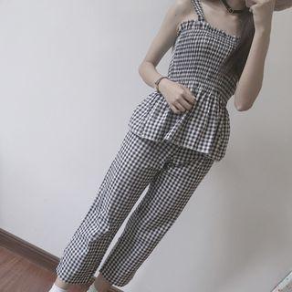 Set: Gingham Peplum Tank Top + Straight Cut Pants