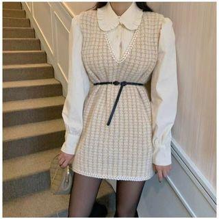 Pintuck Frilled Trim Blouse / Braided Trim Sleeveless Tweed Dress